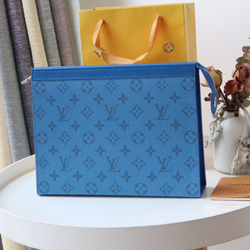 Louis Vuitton Mens Bags Clutch Luxury Brand Fashion Type POCHETTE VOYAGE MM with Original Box M30761 Taigarama Denim blue Coated canvas and cowhide leather