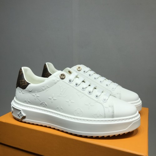Louis Vuitton Women Shoes Sneakers Lace-Up Luxury Brand Fashion TIME OUT SNEAKER White Monogram-debossed calf leather with Original Box 1A8VYT