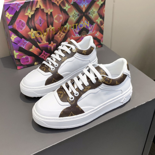 Louis Vuitton Women Shoes Sneakers Lace-Up Luxury Brand Fashion TIME OUT SNEAKER Cacao Brown Calf leather and patent Monogram canvas with Original Box 1A95TO