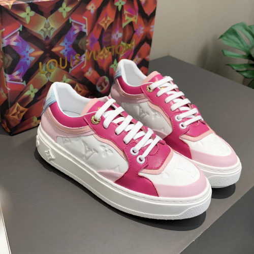 Louis Vuitton Women Shoes Sneakers Lace-Up Luxury Brand Fashion TIME OUT SNEAKER Fuchsia Monogram-embossed lamb leather and calf leather with Original Box 1A8WK6