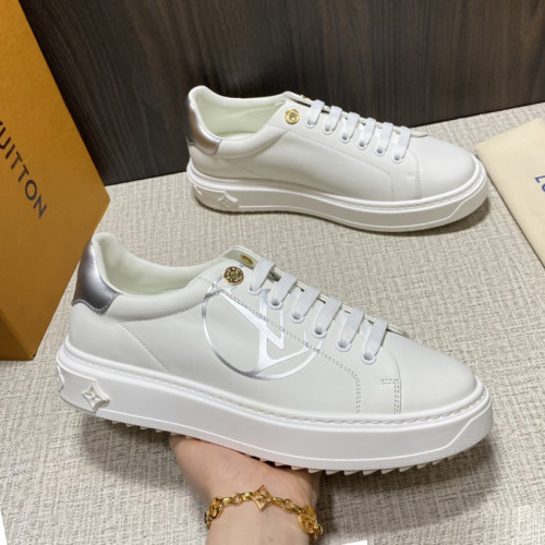 Louis Vuitton Women Shoes Sneakers Lace-Up Luxury Brand Fashion LV TIME OUT SNEAKER Silver Printed calf leather and metallic calf leather with Original Box 1A8NI8