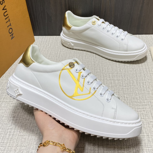 Louis Vuitton Women Shoes Sneakers Lace-Up Luxury Brand Fashion LV TIME OUT SNEAKER Gold Printed calf leather and metallic calf leather with Original Box 1A8NIO