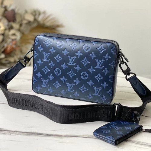 Louis Vuitton Mens Shoulder Bags Luxury Brand Fashion Type DUO MESSENGER Navy Blue Monogram Shadow cowhide leather with Original Box M45730