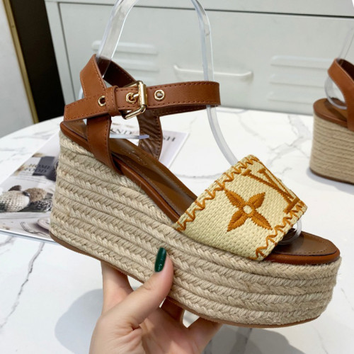Louis Vuitton Womens Shoes Sandals Leather Design Luxury Brand Summer Fashion Sandals BOUNDARY WEDGE SANDAL Cognac Brown 1A8TFW with Original Box
