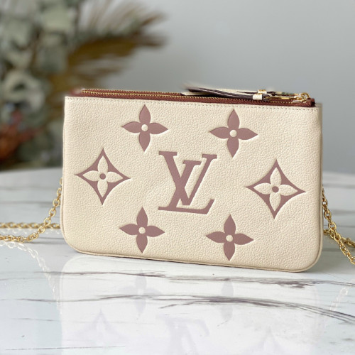 Louis Vuitton Womens Bags Clutch Luxury Brand Fashion Type DOUBLE ZIP POCHETTE M80084 Cream / Bois de Rose Pink Monogram Empreinte embossed supple grained cowhide leather with Original Box