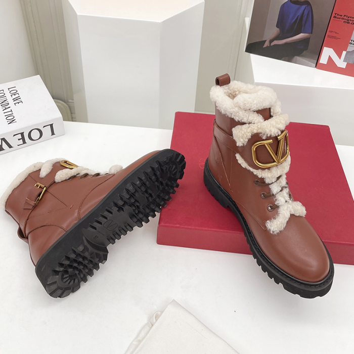 Valentino Garavani Women Fashion Ankle Boots Luxury Brand Vlogo Signature Calfskin Combat Boot Plus Velvet Design Keep Warm