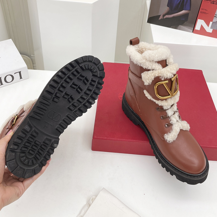 Valentino Garavani Women Fashion Ankle Boots Luxury Brand Vlogo Signature Calfskin Combat Boot Plus Velvet Design Keep Warm
