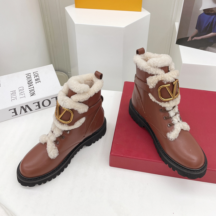 Valentino Garavani Women Fashion Ankle Boots Luxury Brand Vlogo Signature Calfskin Combat Boot Plus Velvet Design Keep Warm