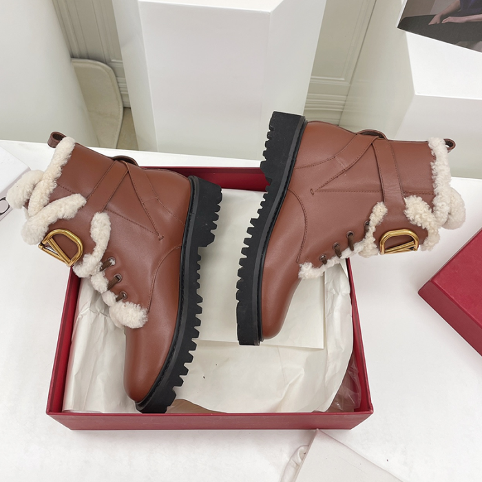 Valentino Garavani Women Fashion Ankle Boots Luxury Brand Vlogo Signature Calfskin Combat Boot Plus Velvet Design Keep Warm
