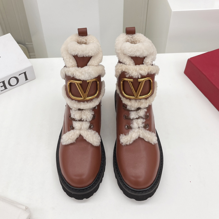 Valentino Garavani Women Fashion Ankle Boots Luxury Brand Vlogo Signature Calfskin Combat Boot Plus Velvet Design Keep Warm