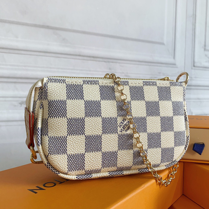 Louis Vuitton Womens Bags Clutch Wallets Luxury Brand Fashion Type Messenger Bags MINI POCHETTE ACCESSOIRES N58010 Damier Azur coated canvas