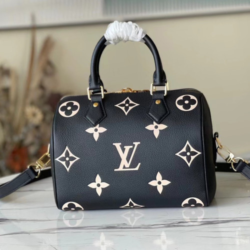Louis Vuitton Womens Bags Luxury Brand Fashion Type SPEEDY BANDOULIÈRE 25 Black/Beige Embossed grained cowhide leather M58947 with Original Box