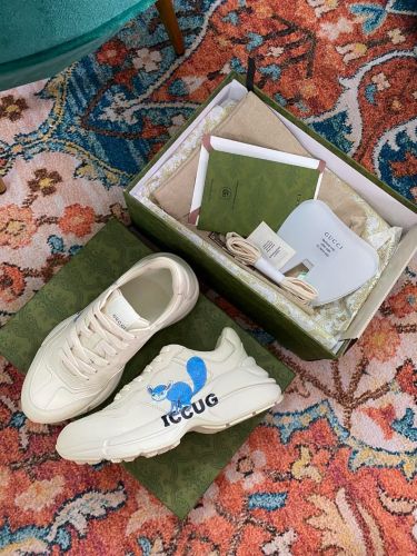 Gucci Mens Shoes Sneakers Luxury Brand Men's Rhyton leather sneaker with Original Box