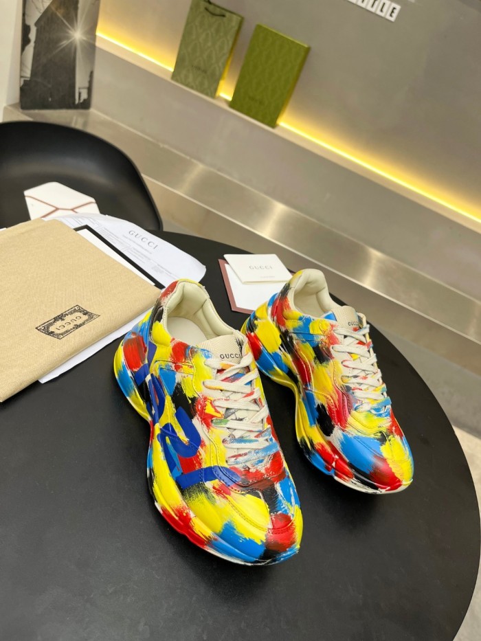 Gucci Mens Shoes Sneakers Luxury Brand Men's Rhyton leather sneaker with Original Box