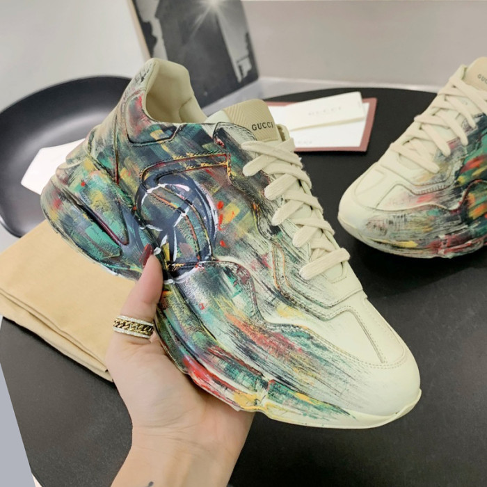 Gucci Mens Shoes Sneakers Luxury Brand Men's Rhyton leather sneaker with Original Box
