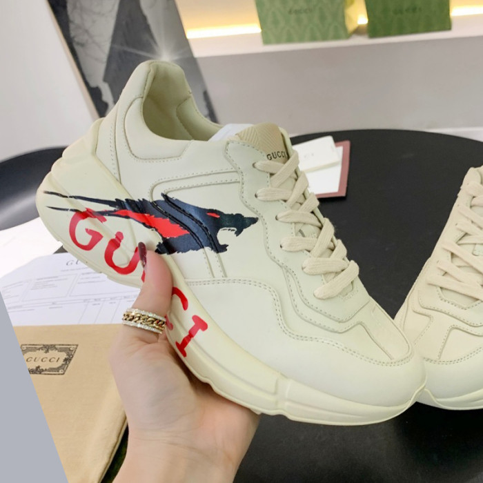 Gucci Mens Shoes Sneakers Luxury Brand Men's Rhyton leather sneaker with Original Box