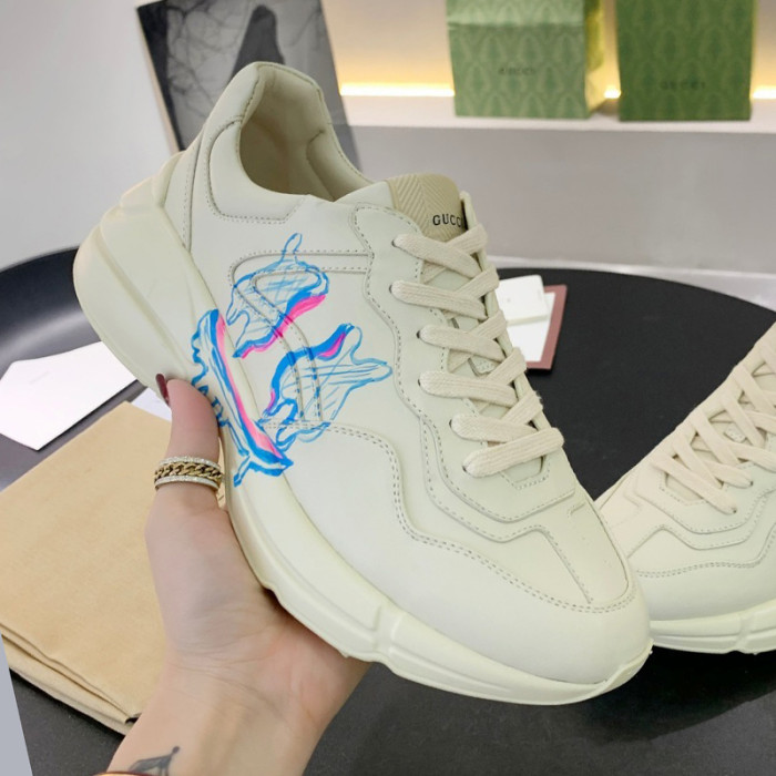 Gucci Mens Shoes Sneakers Luxury Brand Men's Rhyton leather sneaker with Original Box