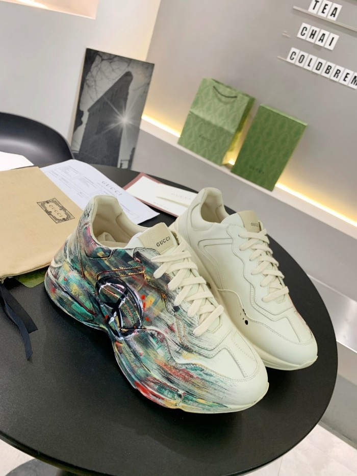 Gucci Mens Shoes Sneakers Luxury Brand Men's Rhyton leather sneaker with Original Box