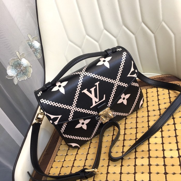 Louis Vuitton Womens Bags Crossbody Bag POCHETTE MÉTIS Black / Pink / Beige Embroidered embossed supple grained cowhide leather with Original Box M46028
