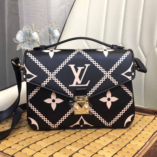 Louis Vuitton Womens Bags Crossbody Bag POCHETTE MÉTIS Black / Pink / Beige Embroidered embossed supple grained cowhide leather with Original Box M46028