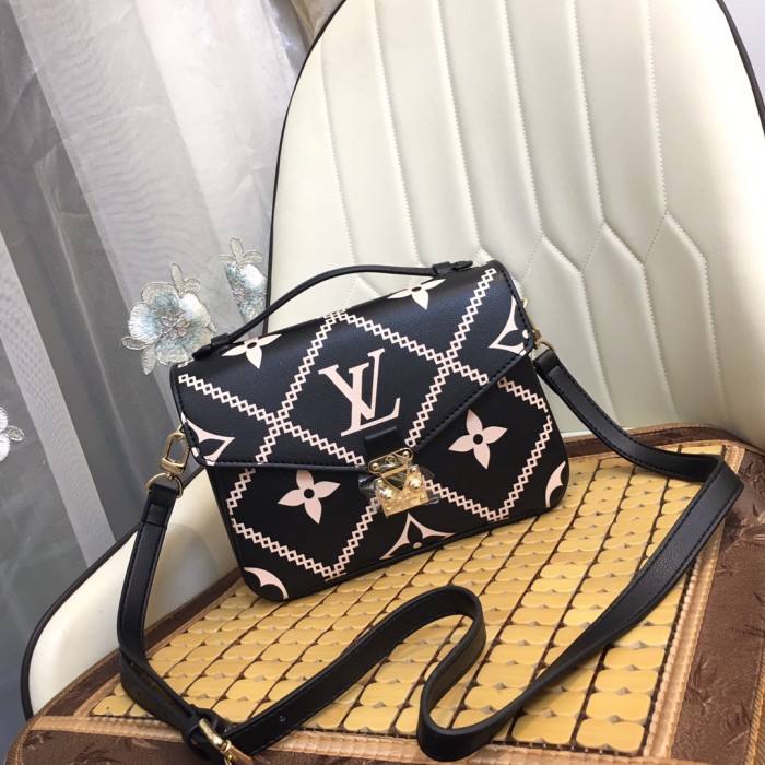 Louis Vuitton Womens Bags Crossbody Bag POCHETTE MÉTIS Black / Pink / Beige Embroidered embossed supple grained cowhide leather with Original Box M46028