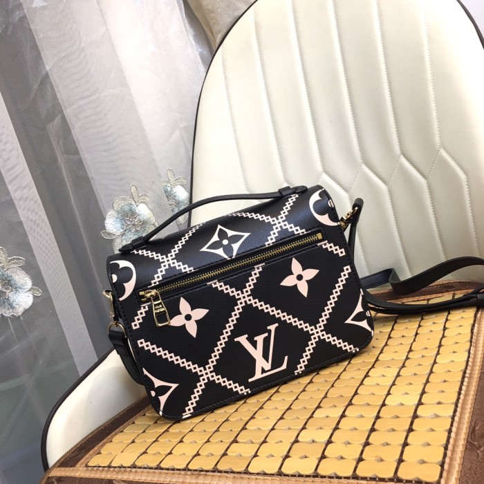 Louis Vuitton Womens Bags Crossbody Bag POCHETTE MÉTIS Black / Pink / Beige Embroidered embossed supple grained cowhide leather with Original Box M46028