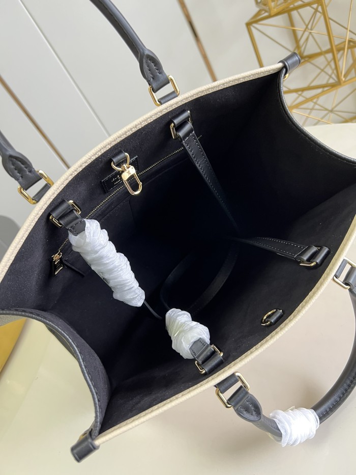 Louis Vuitton Womens Bags Handbags Luxury Brand LV ONTHEGO MM Crème Beige / Black Embroidered embossed supple grained cowhide leather M46016 without Original Box