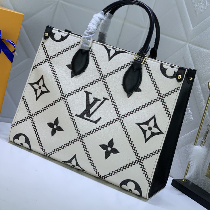 Louis Vuitton Womens Bags Handbags Luxury Brand LV ONTHEGO MM Crème Beige / Black Embroidered embossed supple grained cowhide leather M46016 without Original Box