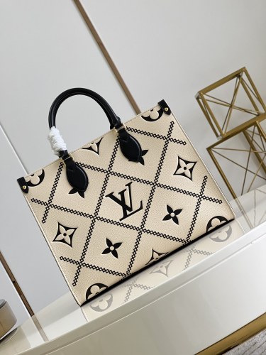 Louis Vuitton Womens Bags Handbags Luxury Brand LV ONTHEGO MM Crème Beige / Black Embroidered embossed supple grained cowhide leather M46016 without Original Box
