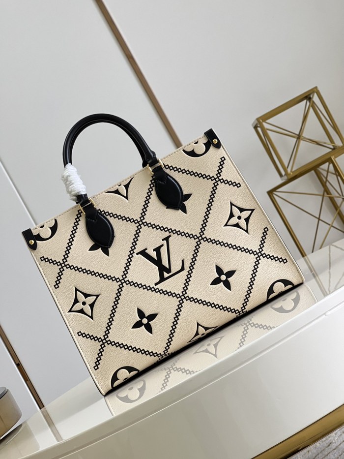 Louis Vuitton Womens Bags Handbags Luxury Brand LV ONTHEGO MM Crème Beige / Black Embroidered embossed supple grained cowhide leather M46016 without Original Box