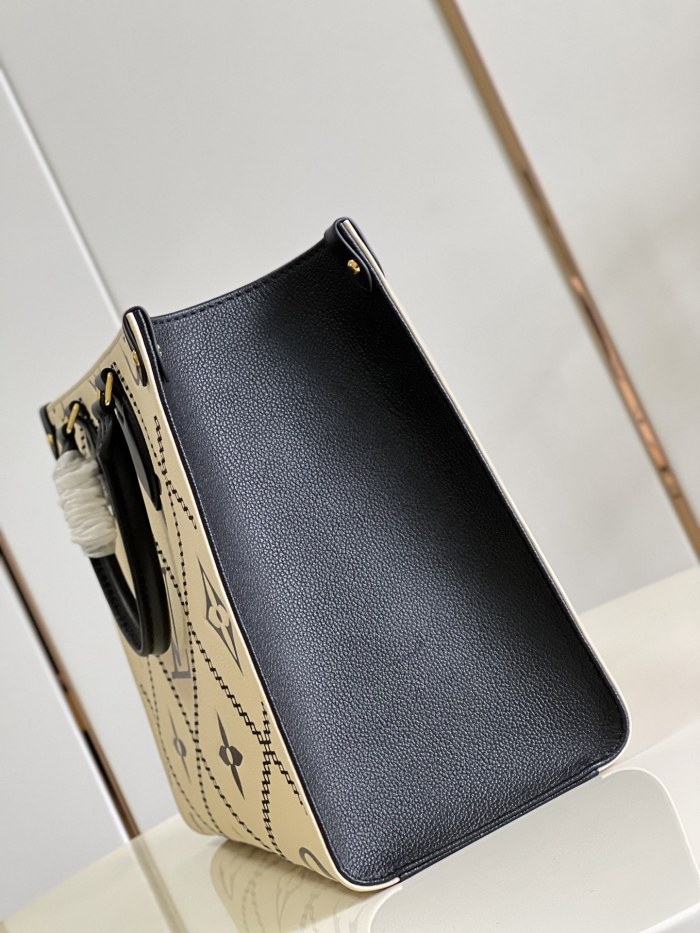 Louis Vuitton Womens Bags Handbags Luxury Brand LV ONTHEGO MM Crème Beige / Black Embroidered embossed supple grained cowhide leather M46016 without Original Box