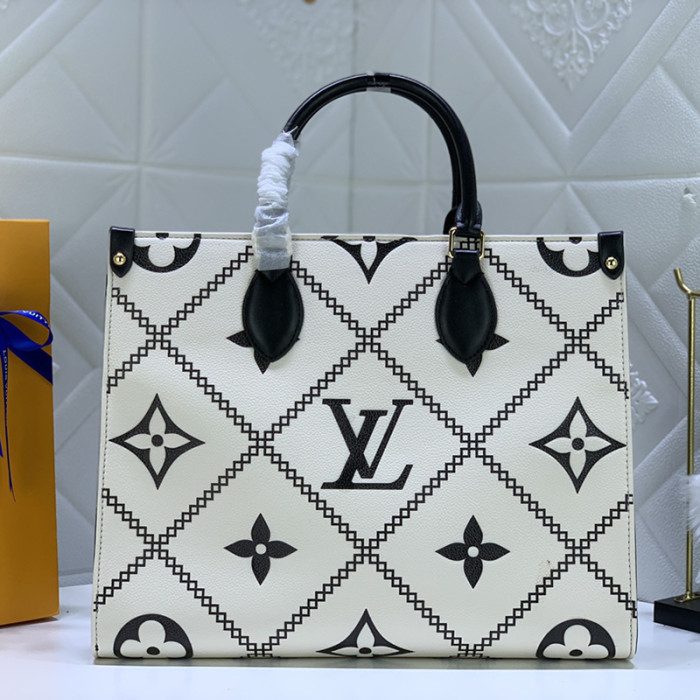 Louis Vuitton Womens Bags Handbags Luxury Brand LV ONTHEGO MM Crème Beige / Black Embroidered embossed supple grained cowhide leather M46016 without Original Box
