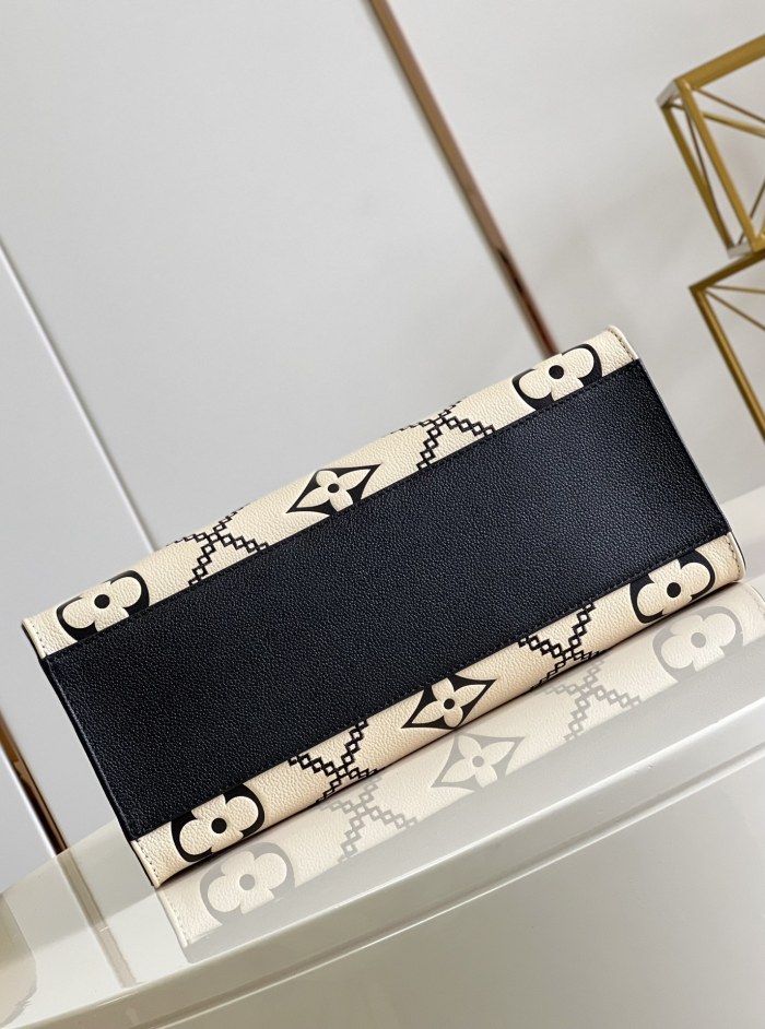 Louis Vuitton Womens Bags Handbags Luxury Brand LV ONTHEGO MM Crème Beige / Black Embroidered embossed supple grained cowhide leather M46016 without Original Box