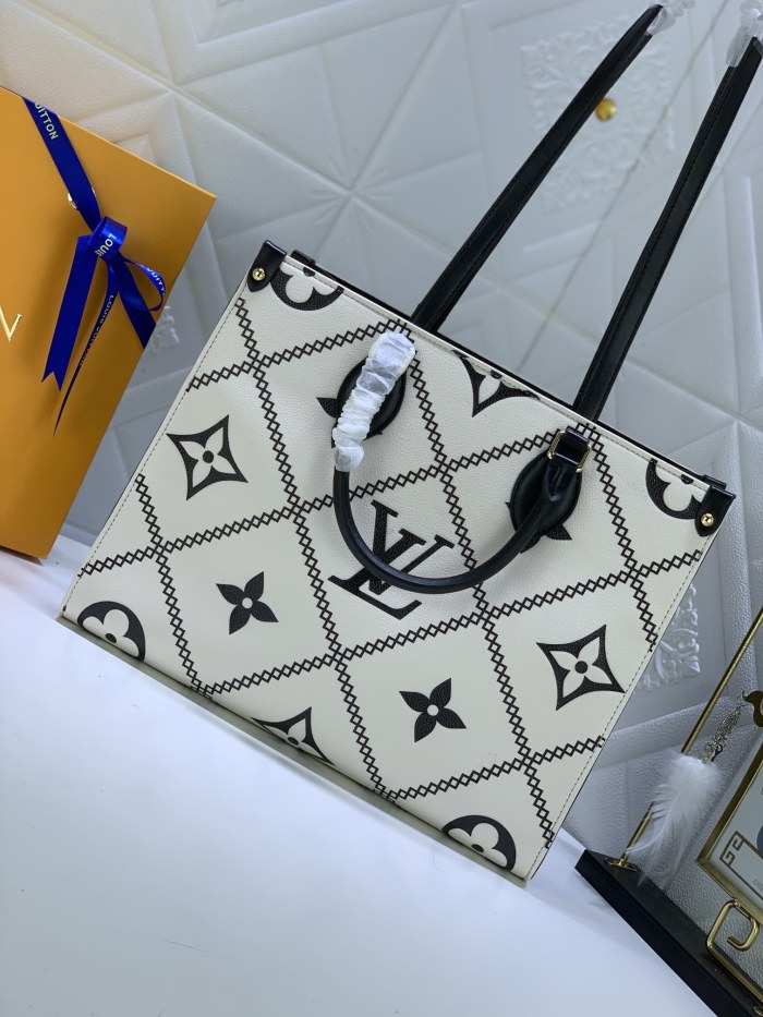 Louis Vuitton Womens Bags Handbags Luxury Brand LV ONTHEGO MM Crème Beige / Black Embroidered embossed supple grained cowhide leather M46016 without Original Box