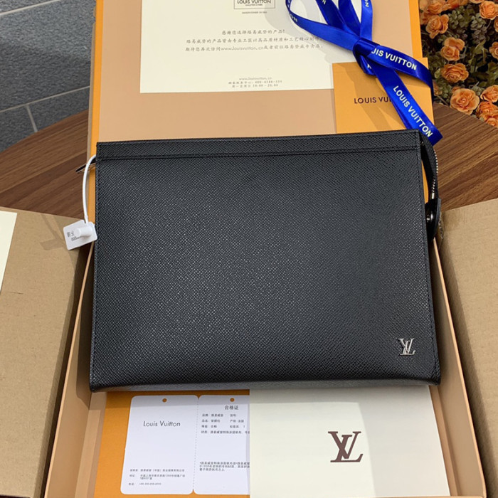 Louis Vuitton Mens Bags Clutch Luxury Brand Fashion Type POCHETTE VOYAGE MM M30450 with Original Box Black Taiga cowhide leather