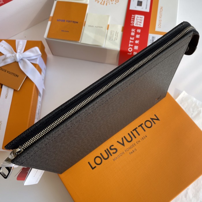 Louis Vuitton Mens Bags Clutch Luxury Brand Fashion Type POCHETTE VOYAGE MM M30547 with Original Box Black Taiga cowhide leather