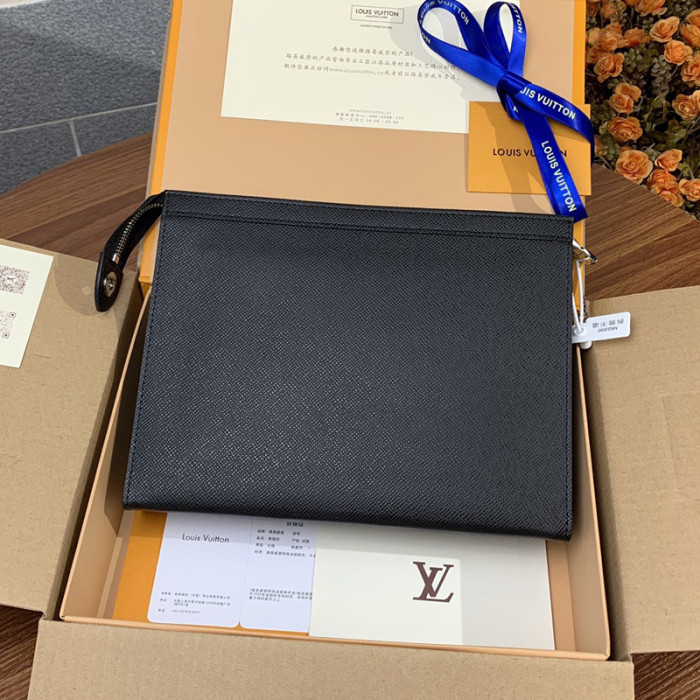 Louis Vuitton Mens Bags Clutch Luxury Brand Fashion Type POCHETTE VOYAGE MM M30450 with Original Box Black Taiga cowhide leather