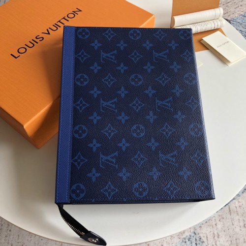 Louis Vuitton Mens Bags Clutch Luxury Brand Fashion Type POCHETTE VOYAGE MM M30423 with Original Box Pacific Blue Taiga cowhide leather and Monogram Eclipse coated canvas