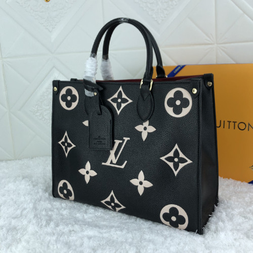 Louis Vuitton Womens Bags Handbags Luxury Brand LV ONTHEGO MM M45495 Black/Beige Embossed grained cowhide leather