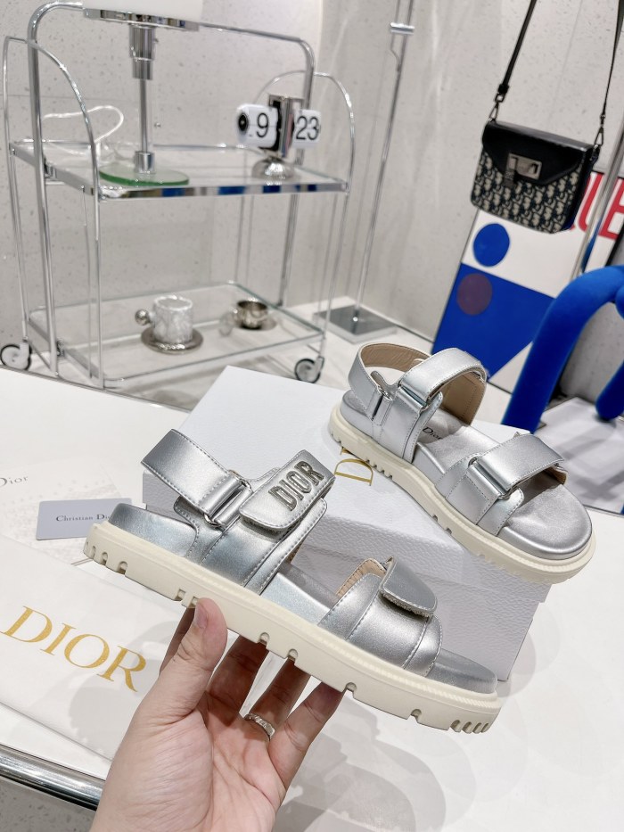 Dior Women Shoes Sandals Luxury Brand DIORACT SANDAL Silver-Tone Shiny Laminated Calfskin with Original Box KCQ547LCV_S59K
