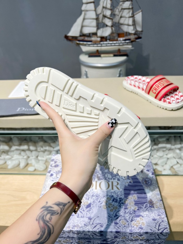 Dior Women Shoes Slippers DWAY SLIDE Luxury Brand DWAY SLIDE Cotton Embroidery with Micro Houndstooth with Original Box KCQ550PPE_S19O