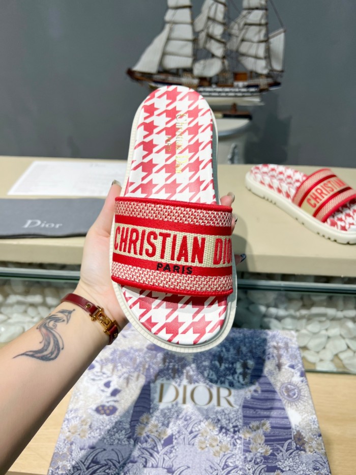 Dior Women Shoes Slippers DWAY SLIDE Luxury Brand DWAY SLIDE Cotton Embroidery with Micro Houndstooth with Original Box KCQ550PPE_S19O