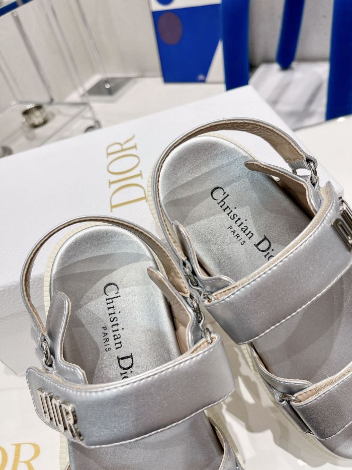 Dior Women Shoes Sandals Luxury Brand DIORACT SANDAL Silver-Tone Shiny Laminated Calfskin with Original Box KCQ547LCV_S59K
