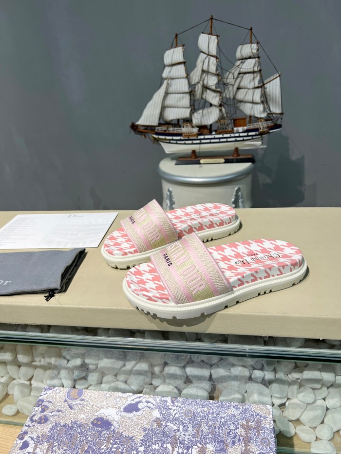 Dior Women Shoes Slippers DWAY SLIDE Luxury Brand DWAY SLIDE Peony Pink Embroidered Cotton with Micro Houndstooth Motif with Original Box KCQ550PPE_S55P
