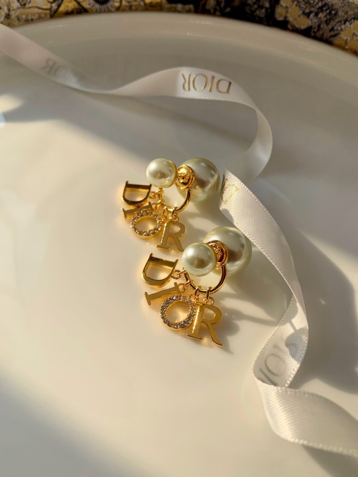 Dior Luxury Womens Earrings DIOR TRIBALES EARRINGS Gold-Finish Metal with White Resin Pearls and White Crystals with Original Box