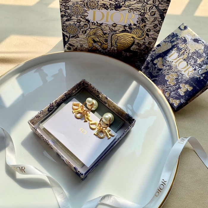 Dior Luxury Womens Earrings DIOR TRIBALES EARRINGS Gold-Finish Metal with White Resin Pearls and White Crystals with Original Box
