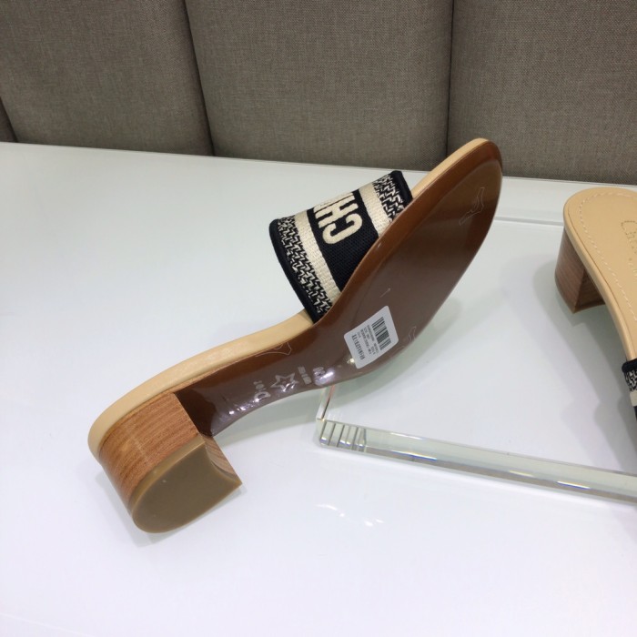 Dior Women Shoes DWAY HEELED SLIDE Embroidered Cotton Luxury Brand Womens Sandals Slippers with Original Box KCQ244ERC_S56B
