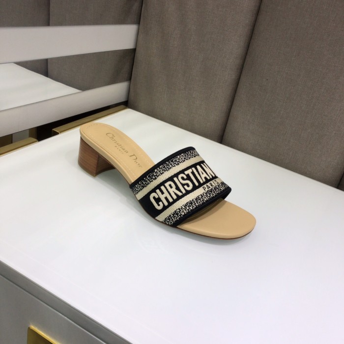 Dior Women Shoes DWAY HEELED SLIDE Embroidered Cotton Luxury Brand Womens Sandals Slippers with Original Box KCQ244ERC_S56B