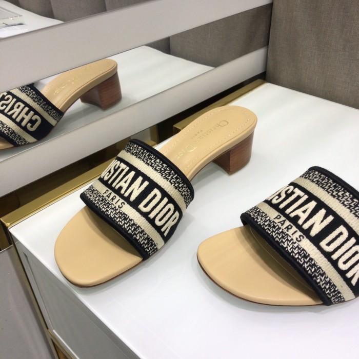 Dior Women Shoes DWAY HEELED SLIDE Embroidered Cotton Luxury Brand Womens Sandals Slippers with Original Box KCQ244ERC_S56B