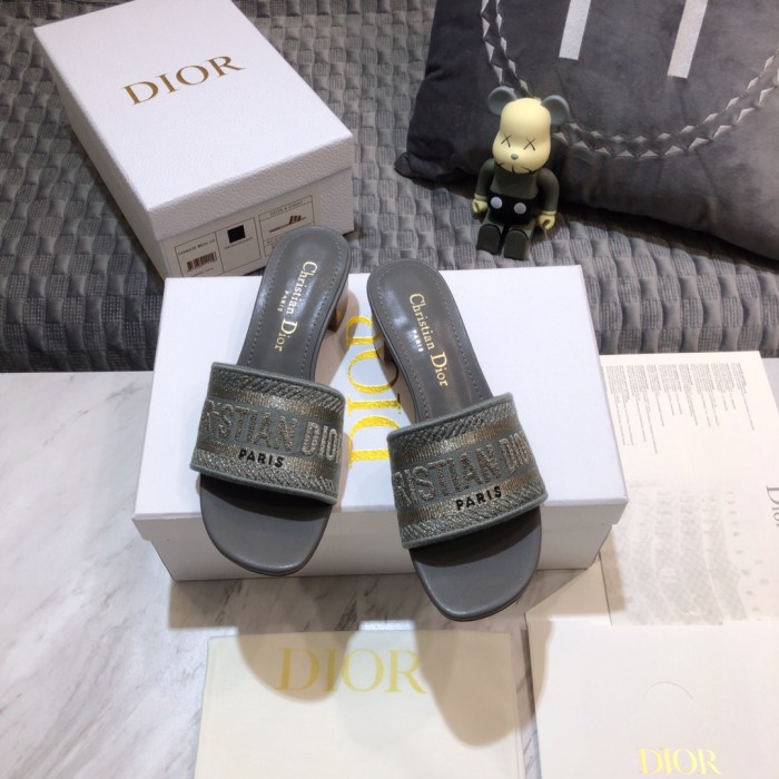 Dior Women Shoes DWAY HEELED SLIDE Embroidered Cotton Luxury Brand Womens Sandals Slippers with Original Box KCQ244ERC_S56B